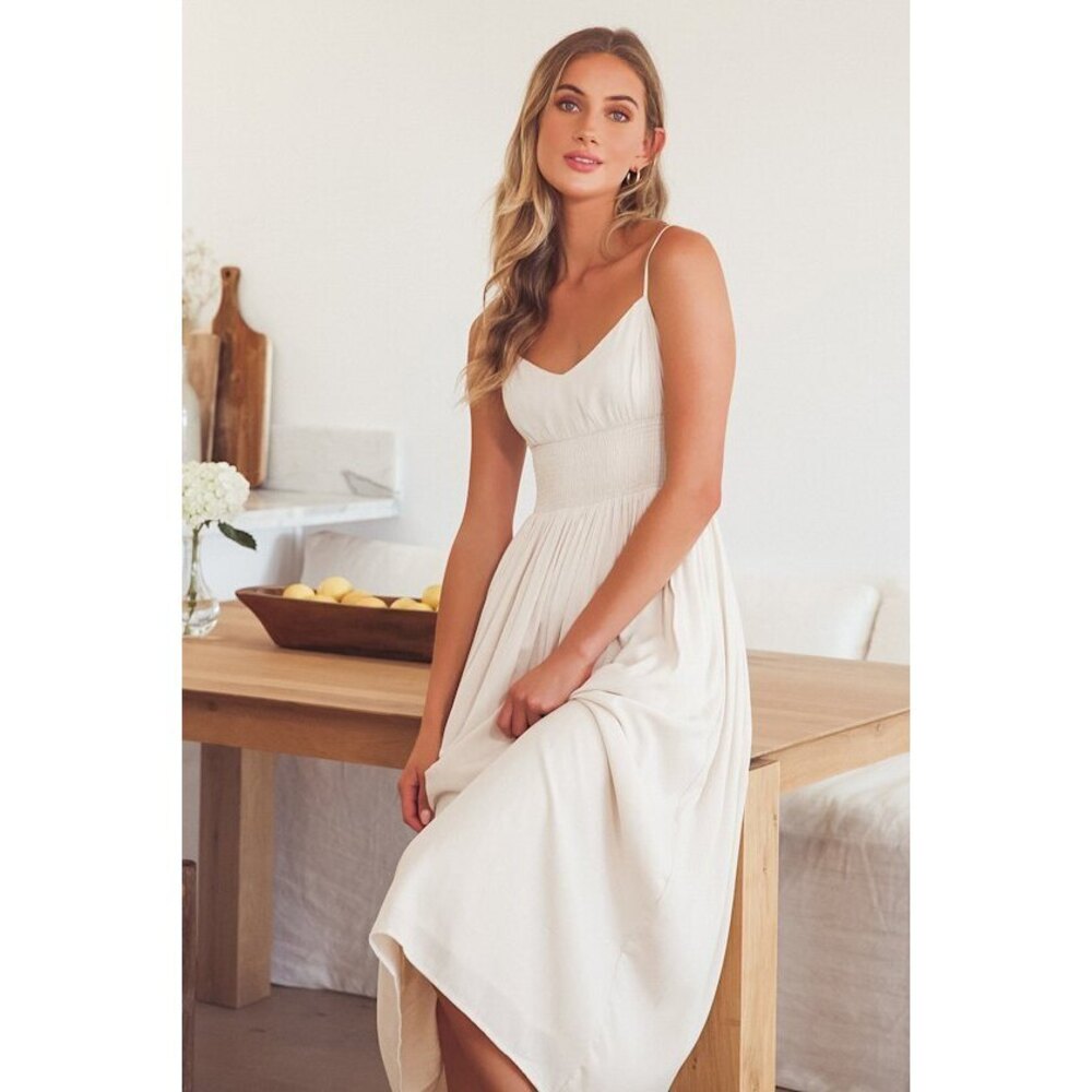 Lulus Full Heart Cream Smocked Midi Dress Beige - Size XS